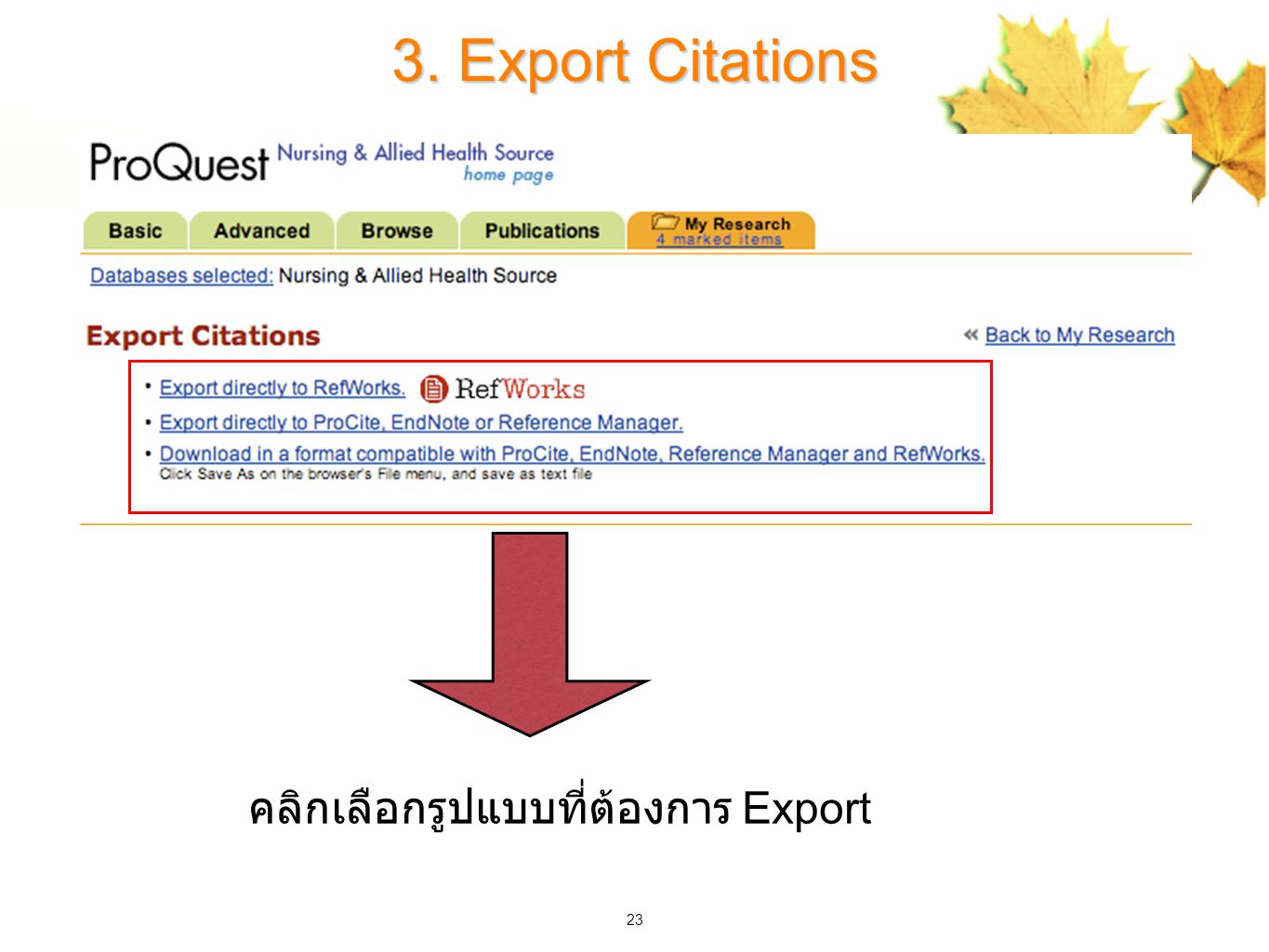 23 3. Export Citations คลิกเลือกรูปแบบที่ต้องการ Export