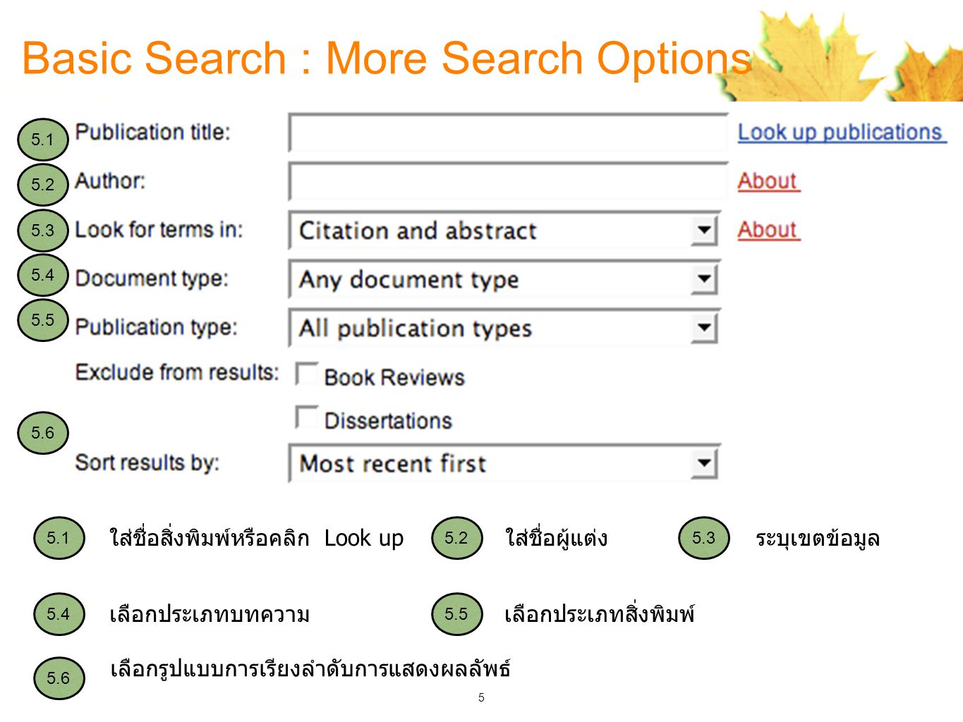 Basic Search : More Search Options เลือกประเภทสิ่งพิมพ์เลือกประเภทบทความ ระบุเขตข้อมูลใส่ชื่อผู้แต่งใส่ชื่อสิ่งพิมพ์หรือคลิก Look up 5.6 เลือกรูปแบบการเรียงลำดับการแสดงผลลัพธ์