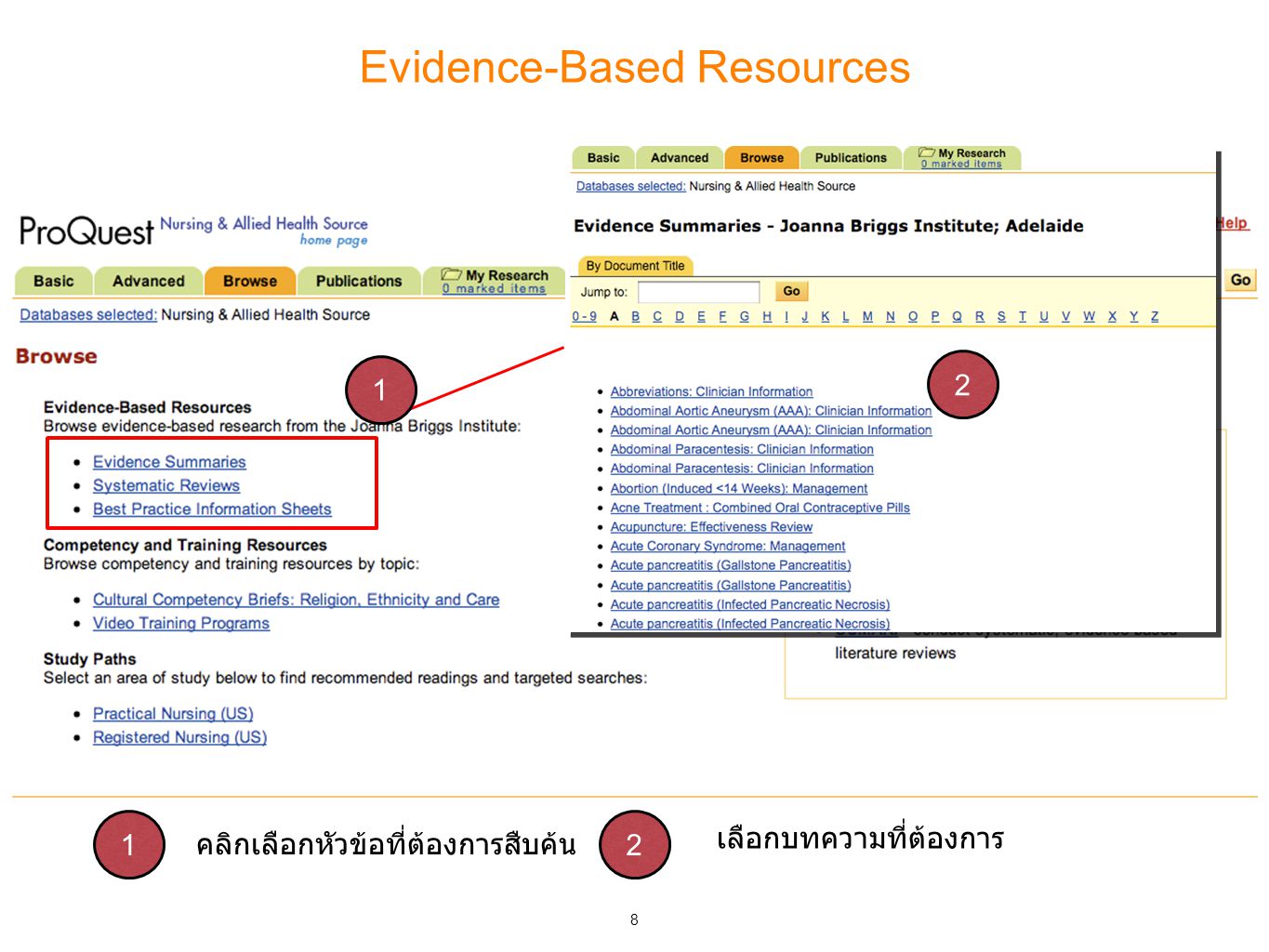 8 Evidence-Based Resources เลือกบทความที่ต้องการ คลิกเลือกหัวข้อที่ต้องการสืบค้น