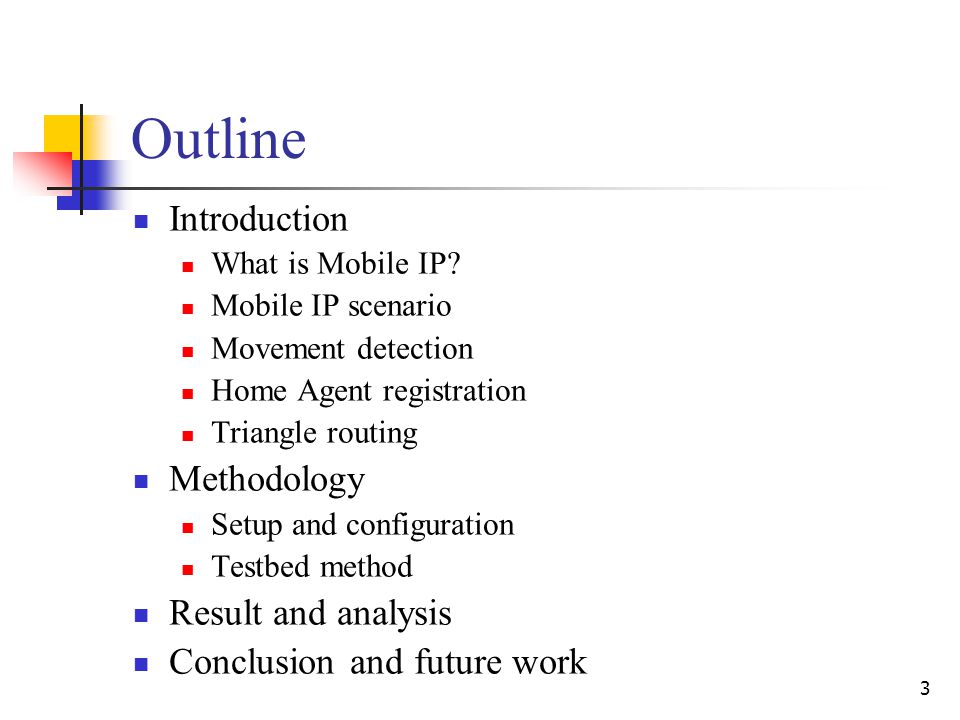 3 Outline Introduction What is Mobile IP.