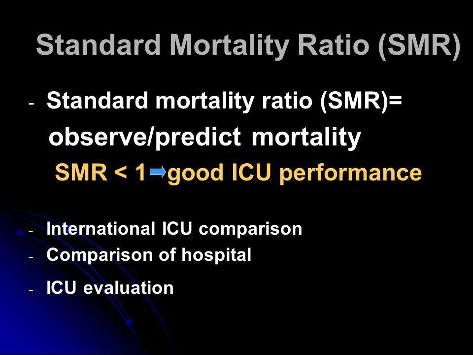 Standard Mortality Ratio (SMR) - - Standard mortality ratio (SMR)= observe/predict mortality SMR < 1 good ICU performance - - International ICU comparison - - Comparison of hospital - - ICU evaluation