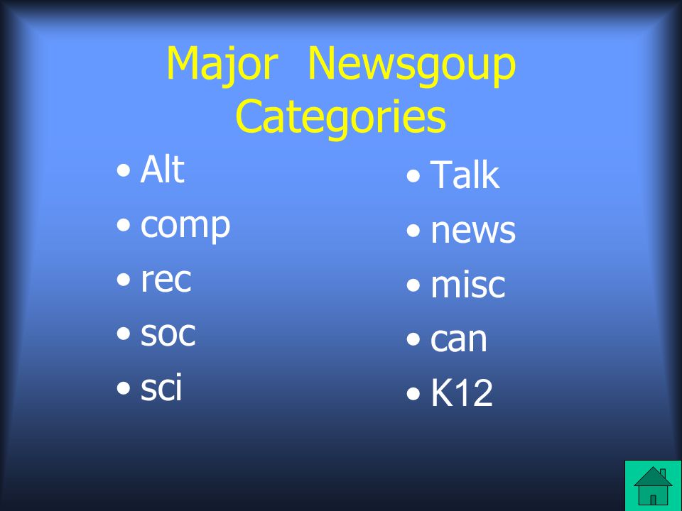 Major Newsgoup Categories Alt comp rec soc sci Talk news misc can K12