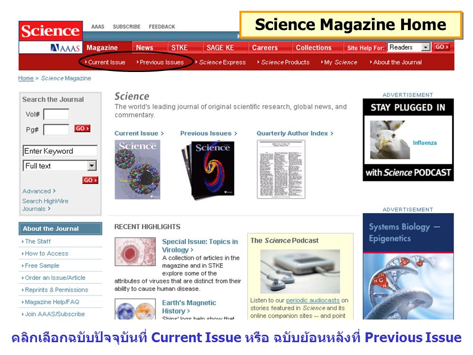 Science Magazine Home คลิกเลือกฉบับปัจจุบันที่ Current Issue หรือ ฉบับย้อนหลังที่ Previous Issue