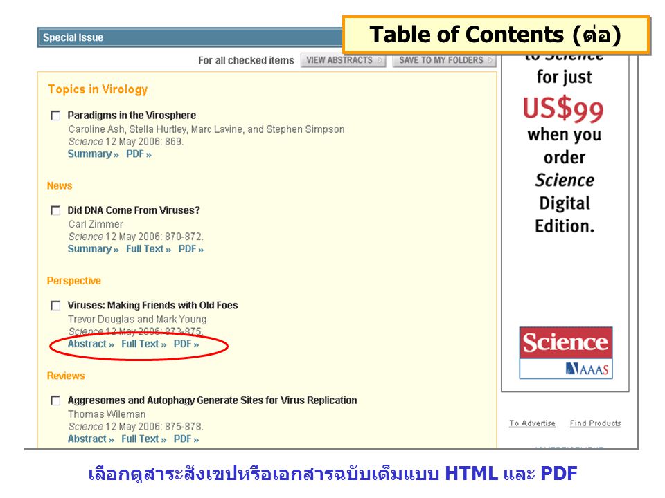 Table of Contents (ต่อ) เลือกดูสาระสังเขปหรือเอกสารฉบับเต็มแบบ HTML และ PDF