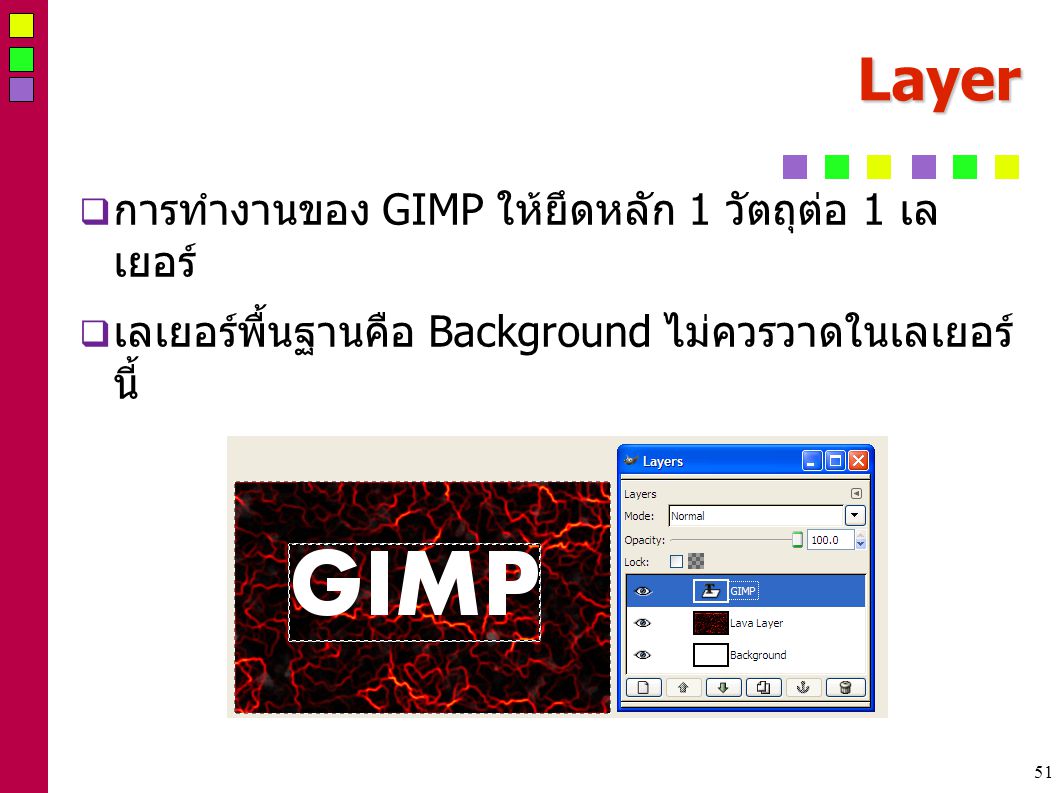 51 Layer  การทำงานของ GIMP ให้ยึดหลัก 1 วัตถุต่อ 1 เล เยอร์  เลเยอร์พื้นฐานคือ Background ไม่ควรวาดในเลเยอร์ นี้