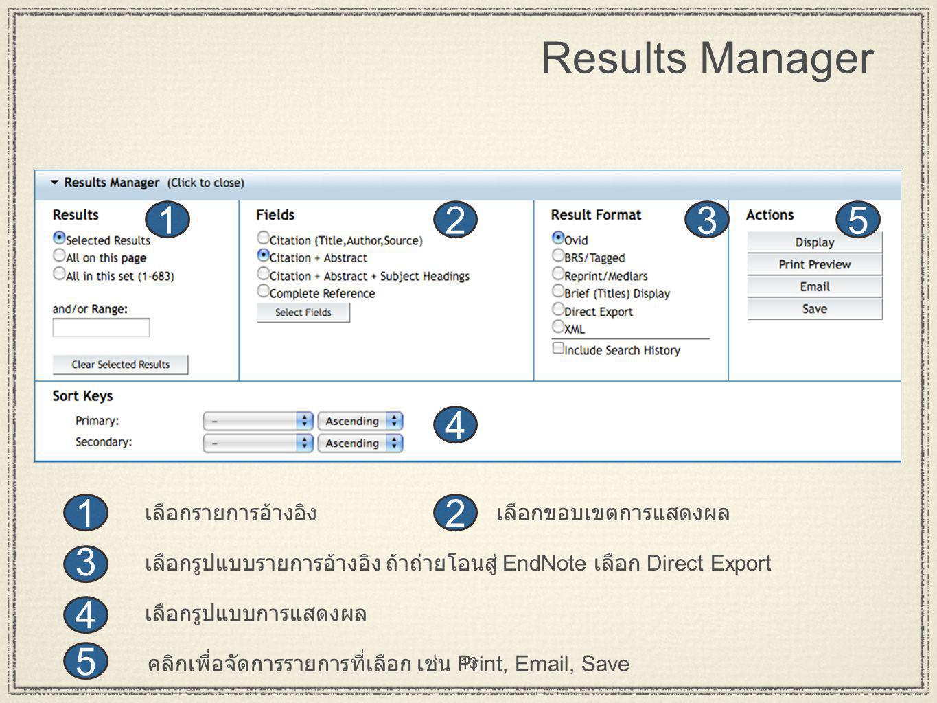 13 Results Manager คลิกเพื่อจัดการรายการที่เลือก เช่น Print,  , Save เลือกขอบเขตการแสดงผล เลือกรูปแบบการแสดงผล เลือกรูปแบบรายการอ้างอิง ถ้าถ่ายโอนสู่ EndNote เลือก Direct Export เลือกรายการอ้างอิง 13