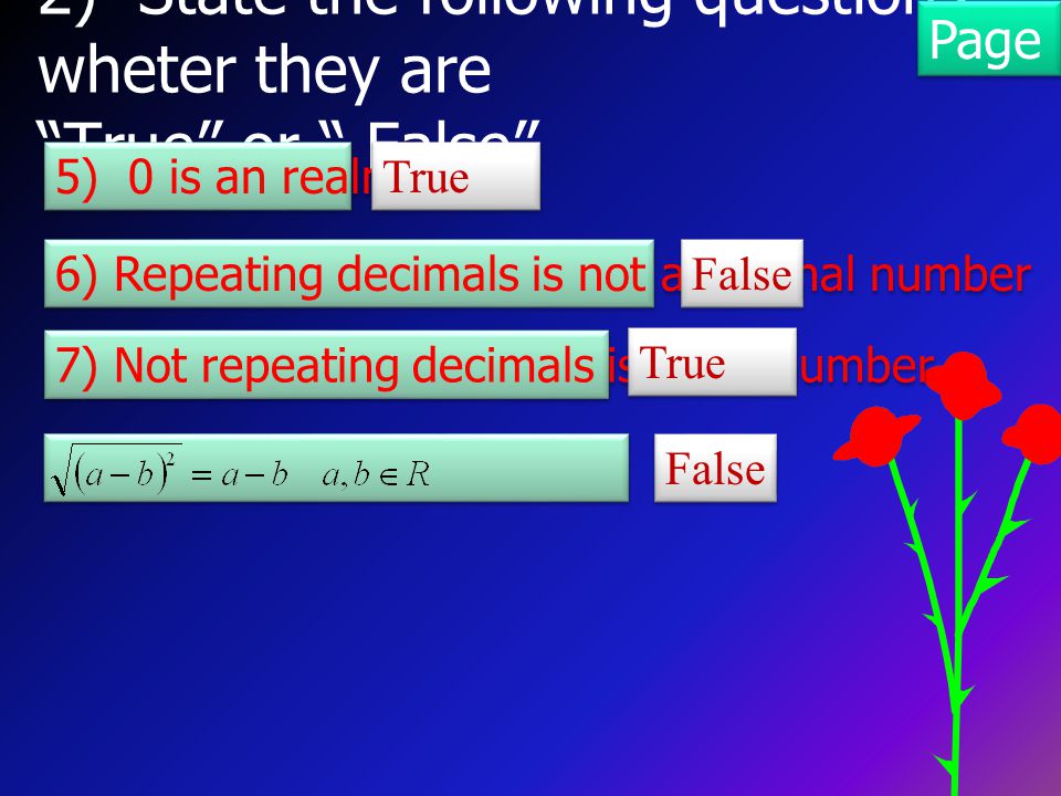2) State the following questions wheter they are True or False Page 54 5) 0 is an realnumber 6) Repeating decimals is not a rational number 7) Not repeating decimals is a realnumber True False True False