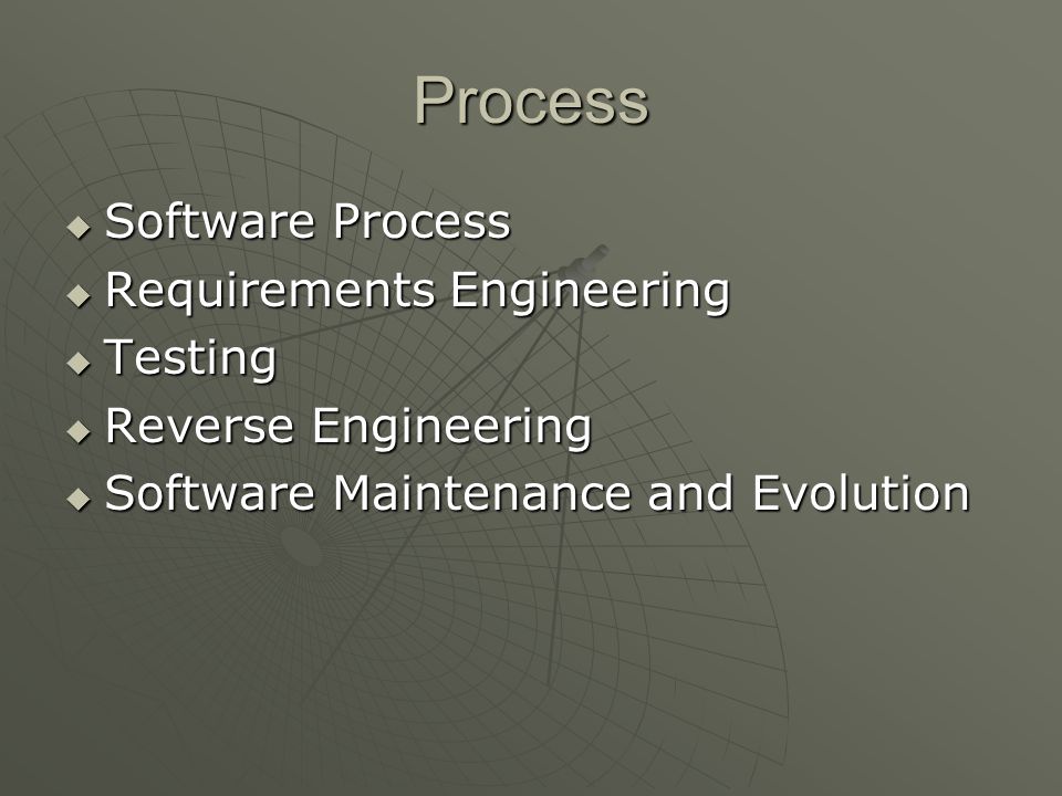 Process  Software Process  Requirements Engineering  Testing  Reverse Engineering  Software Maintenance and Evolution