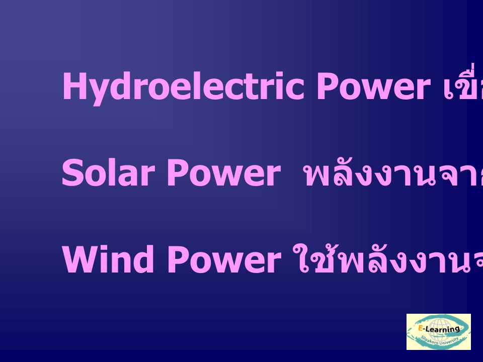 Hydroelectric Power เขื่อนจากพลังน้ำ Solar Power พลังงานจากแสงอาทิตย์ Wind Power ใช้พลังงานจากกังหันลม