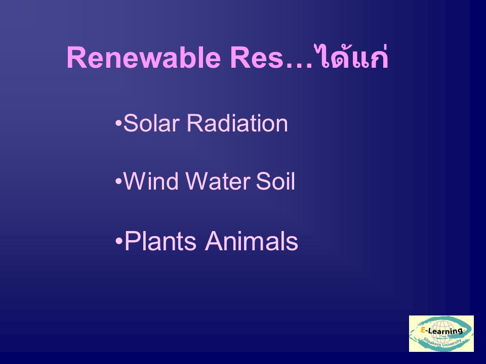 Renewable Res… ได้แก่ Solar Radiation Wind Water Soil Plants Animals