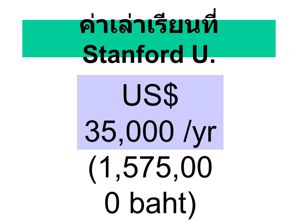 ค่าเล่าเรียนที่ Stanford U. US$ 35,000 /yr (1,575,00 0 baht)