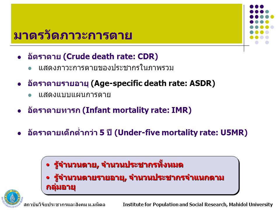 สถาบันวิจัยประชากรและสังคม ม.มหิดล Institute for Population and Social Research, Mahidol University อัตราตาย (Crude death rate: CDR) แสดงภาวะการตายของประชากรในภาพรวม อัตราตายรายอายุ (Age-specific death rate: ASDR) แสดงแบบแผนการตาย อัตราตายทารก (Infant mortality rate: IMR) อัตราตายเด็กต่ำกว่า 5 ปี (Under-five mortality rate: U5MR) มาตรวัดภาวะการตาย รู้จำนวนตาย, จำนวนประชากรทั้งหมด รู้จำนวนตาย, จำนวนประชากรทั้งหมด รู้จำนวนตายรายอายุ, จำนวนประชากรจำแนกตาม กลุ่มอายุ รู้จำนวนตายรายอายุ, จำนวนประชากรจำแนกตาม กลุ่มอายุ รู้จำนวนตาย, จำนวนประชากรทั้งหมด รู้จำนวนตาย, จำนวนประชากรทั้งหมด รู้จำนวนตายรายอายุ, จำนวนประชากรจำแนกตาม กลุ่มอายุ รู้จำนวนตายรายอายุ, จำนวนประชากรจำแนกตาม กลุ่มอายุ