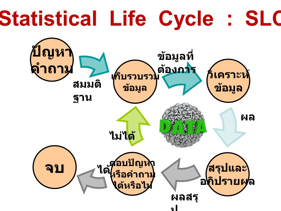 ผลสรุ ป ปัญหา คำถาม เก็บรวบรวม ข้อมูล วิเคราะห์ ข้อมูล สรุปและ อภิปรายผล ตอบปัญหา หรือคำถาม ได้หรือไม่ จบ สมมติ ฐาน ข้อมูลที่ ต้องการ ผล ได้ ไม่ได้ (Statistical Life Cycle : SLC)