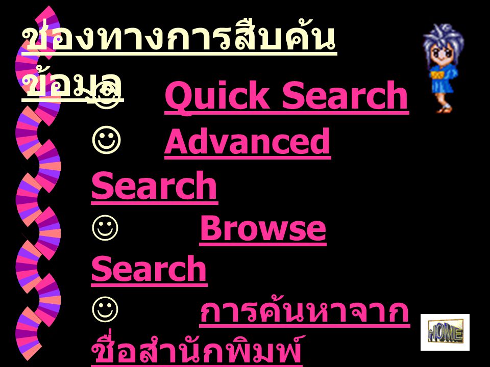 ช่องทางการสืบค้น ข้อมูล Quick Search Advanced Search Advanced Search Browse SearchBrowse Search การค้นหาจาก ชื่อสำนักพิมพ์ การค้นหาจาก ชื่อสำนักพิมพ์