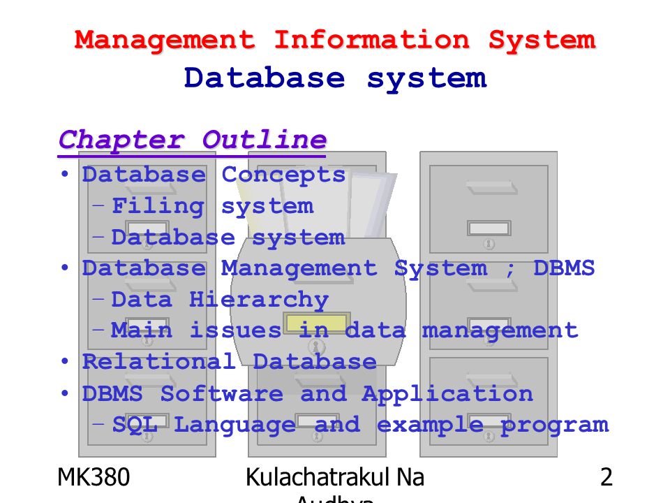 MK380Kulachatrakul Na Audhya 2 Management Information System Management Information System Database system Chapter Outline Database Concepts –Filing system –Database system Database Management System ; DBMS –Data Hierarchy –Main issues in data management Relational Database DBMS Software and Application –SQL Language and example program