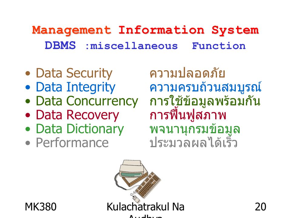 MK380Kulachatrakul Na Audhya 20 Management Information System Management Information System DBMS :miscellaneous Function Data Security ความปลอดภัย Data Integrity ความครบถ้วนสมบูรณ์ Data Concurrency การใช้ข้อมูลพร้อมกัน Data Recovery การฟื้นฟูสภาพ Data Dictionary พจนานุกรมข้อมูล Performance ประมวลผลได้เร็ว