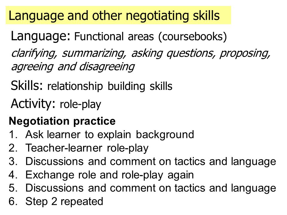 Language and other negotiating skills Language: Functional areas (coursebooks) clarifying, summarizing, asking questions, proposing, agreeing and disagreeing Skills: relationship building skills Activity: role-play Negotiation practice 1.Ask learner to explain background 2.Teacher-learner role-play 3.Discussions and comment on tactics and language 4.Exchange role and role-play again 5.Discussions and comment on tactics and language 6.Step 2 repeated