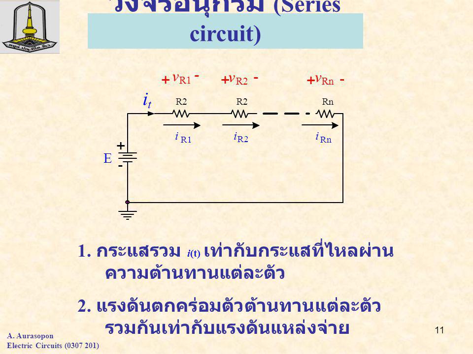 11 วงจรอนุกรม (Series circuit) 1. กระแสรวม i(t) เท่ากับกระแสที่ไหลผ่าน ความต้านทานแต่ละตัว 2.