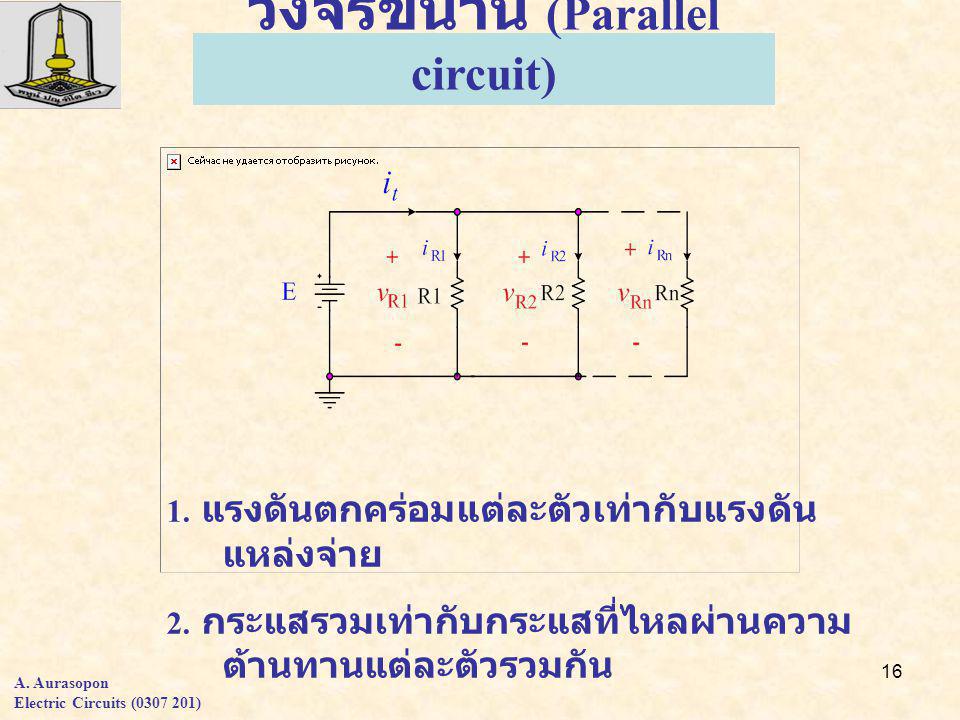 16 วงจรขนาน (Parallel circuit) 1. แรงดันตกคร่อมแต่ละตัวเท่ากับแรงดัน แหล่งจ่าย 2.