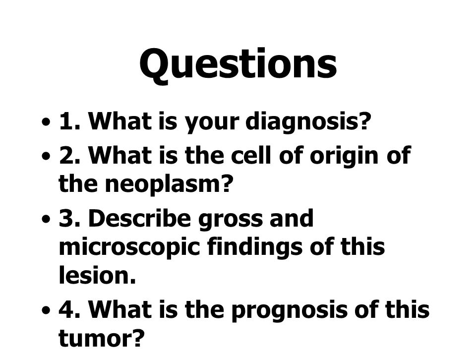 Questions 1. What is your diagnosis. 2. What is the cell of origin of the neoplasm.