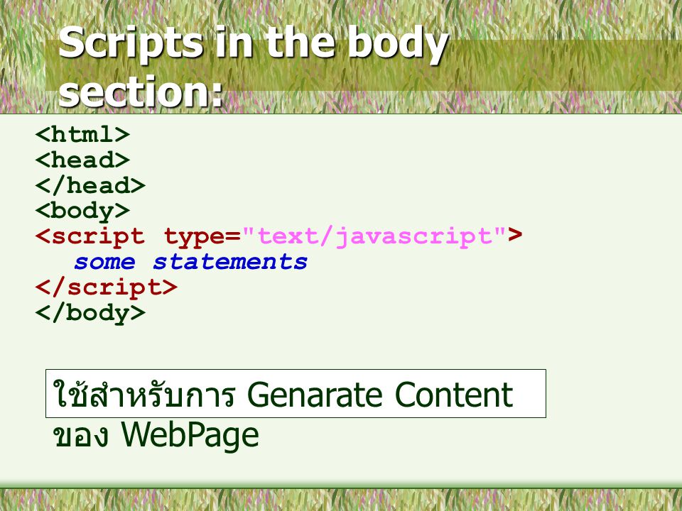 Scripts in the body section: some statements ใช้สำหรับการ Genarate Content ของ WebPage