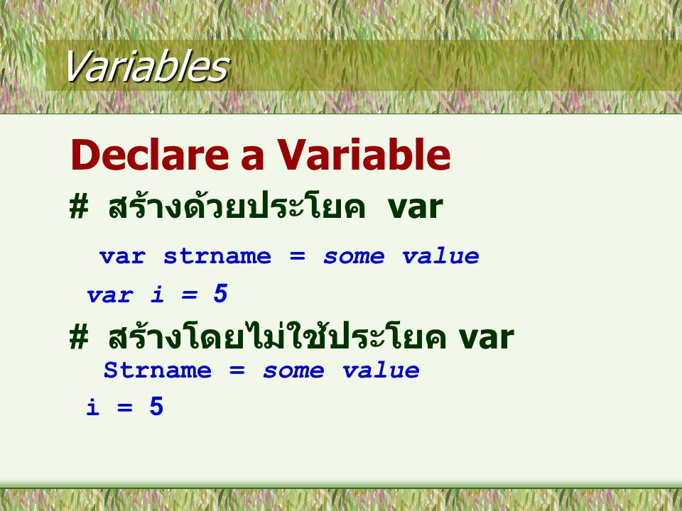 Variables Declare a Variable # สร้างด้วยประโยค var var strname = some value var i = 5 # สร้างโดยไม่ใช้ประโยค var Strname = some value i = 5