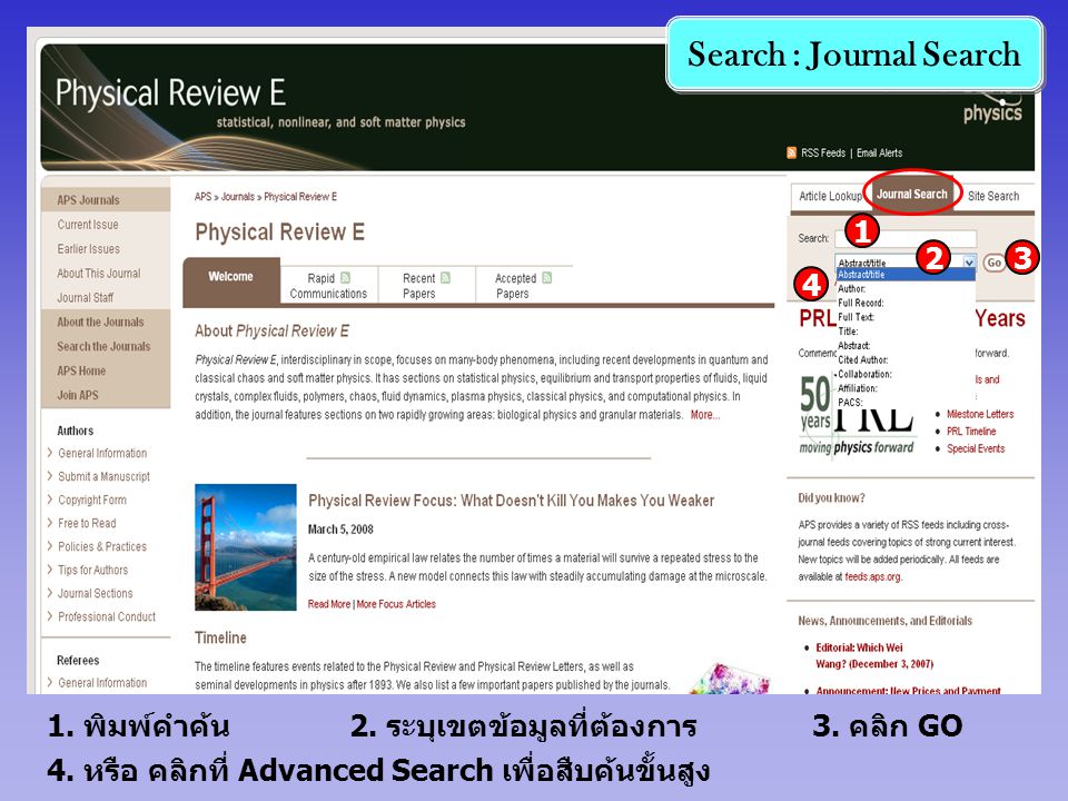 Search : Journal Search 1 1. พิมพ์คำค้น2. ระบุเขตข้อมูลที่ต้องการ3.
