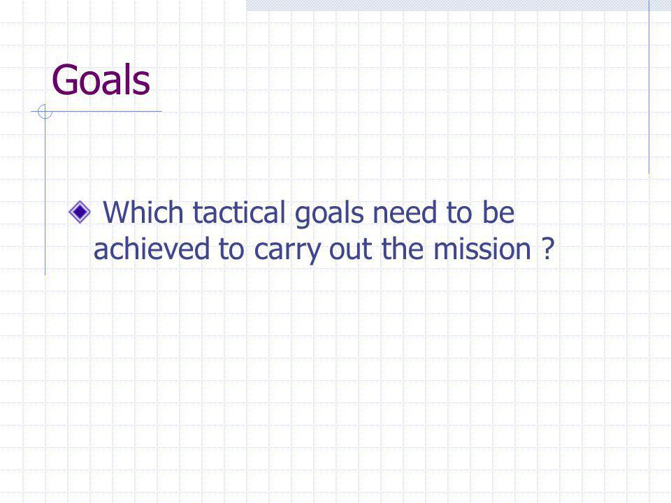 Goals Which tactical goals need to be achieved to carry out the mission
