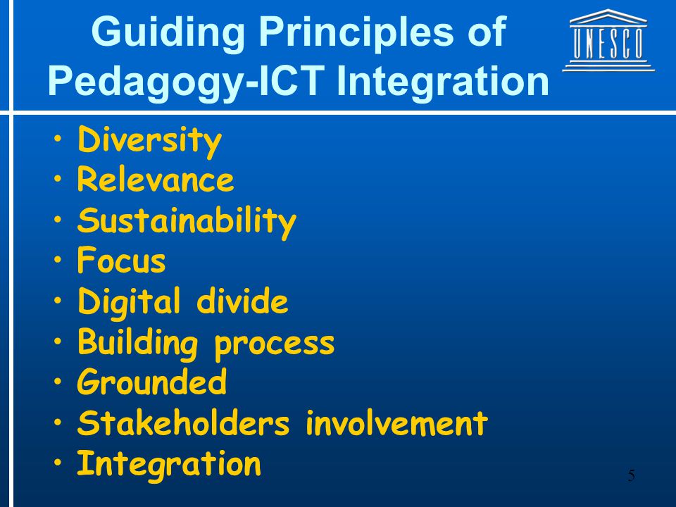 5 Guiding Principles of Pedagogy-ICT Integration Diversity Relevance Sustainability Focus Digital divide Building process Grounded Stakeholders involvement Integration
