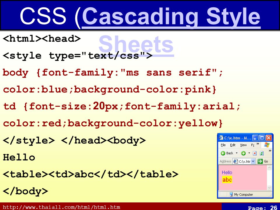 Page: 26 CSS (Cascading Style Sheets)Cascading Style Sheets body {font-family: ms sans serif ; color:blue;background-color:pink} td {font-size:20px;font-family:arial; color:red;background-color:yellow} Hello abc