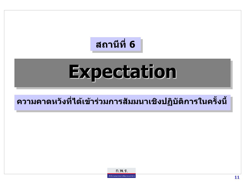 11 11 ExpectationExpectation ความคาดหวังที่ได้เข้าร่วมการสัมมนาเชิงปฏิบัติการในครั้งนี้ สถานีที่ 6