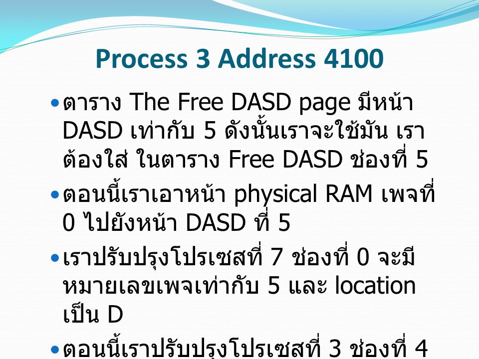 Process 3 Address 4100 ตาราง The Free DASD page มีหน้า DASD เท่ากับ 5 ดังนั้นเราจะใช้มัน เรา ต้องใส่ ในตาราง Free DASD ช่องที่ 5 ตอนนี้เราเอาหน้า physical RAM เพจที่ 0 ไปยังหน้า DASD ที่ 5 เราปรับปรุงโปรเซสที่ 7 ช่องที่ 0 จะมี หมายเลขเพจเท่ากับ 5 และ location เป็น D ตอนนี้เราปรับปรุงโปรเซสที่ 3 ช่องที่ 4 จะมี RAM page เป็น 0 และมี location เป็น R