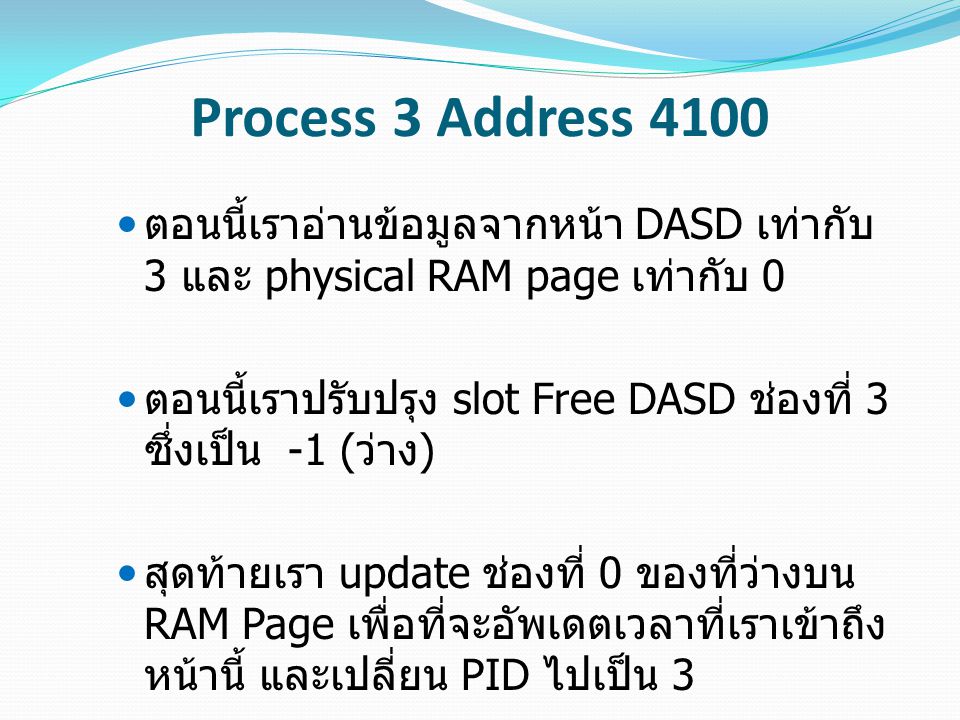 Process 3 Address 4100 ตอนนี้เราอ่านข้อมูลจากหน้า DASD เท่ากับ 3 และ physical RAM page เท่ากับ 0 ตอนนี้เราปรับปรุง slot Free DASD ช่องที่ 3 ซึ่งเป็น -1 ( ว่าง ) สุดท้ายเรา update ช่องที่ 0 ของที่ว่างบน RAM Page เพื่อที่จะอัพเดตเวลาที่เราเข้าถึง หน้านี้ และเปลี่ยน PID ไปเป็น 3