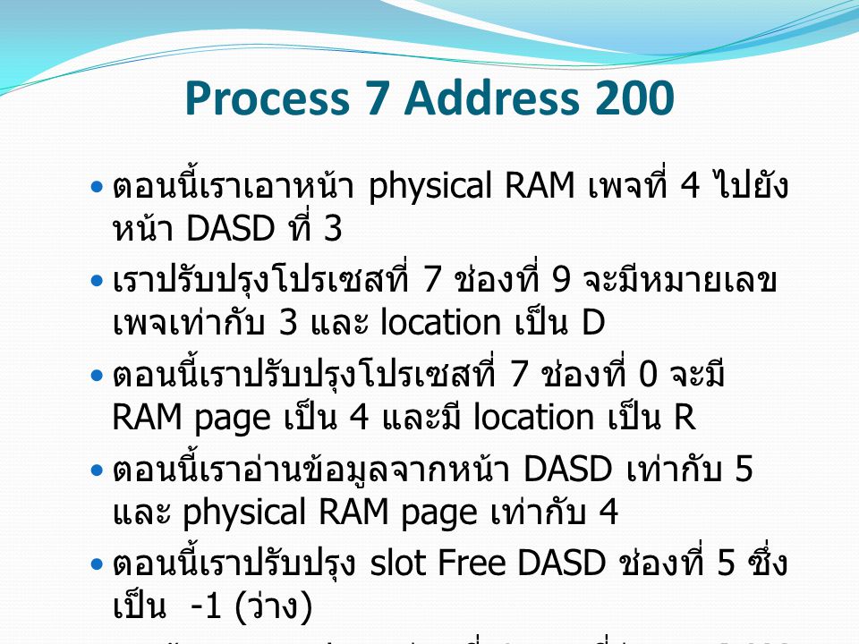 Process 7 Address 200 ตอนนี้เราเอาหน้า physical RAM เพจที่ 4 ไปยัง หน้า DASD ที่ 3 เราปรับปรุงโปรเซสที่ 7 ช่องที่ 9 จะมีหมายเลข เพจเท่ากับ 3 และ location เป็น D ตอนนี้เราปรับปรุงโปรเซสที่ 7 ช่องที่ 0 จะมี RAM page เป็น 4 และมี location เป็น R ตอนนี้เราอ่านข้อมูลจากหน้า DASD เท่ากับ 5 และ physical RAM page เท่ากับ 4 ตอนนี้เราปรับปรุง slot Free DASD ช่องที่ 5 ซึ่ง เป็น -1 ( ว่าง ) สุดท้ายเรา update ช่องที่ 4 ของที่ว่างบน RAM Page เพื่อที่จะอัพเดตเวลาที่เราเข้าถึงหน้านี้