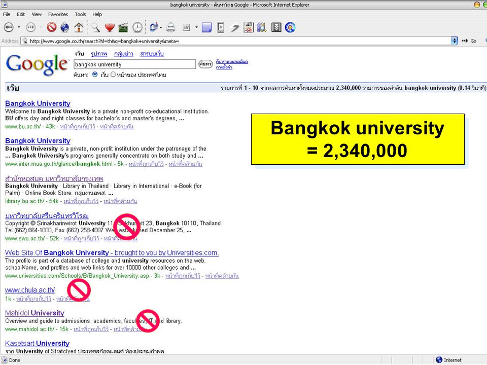 การค้นหาแบบทั้งวลี ( คือการค้นหาทั้งกลุ่มคำ ) ให้ใช้ เครื่องหมาย ค้นหา bangkok university Phrase searches