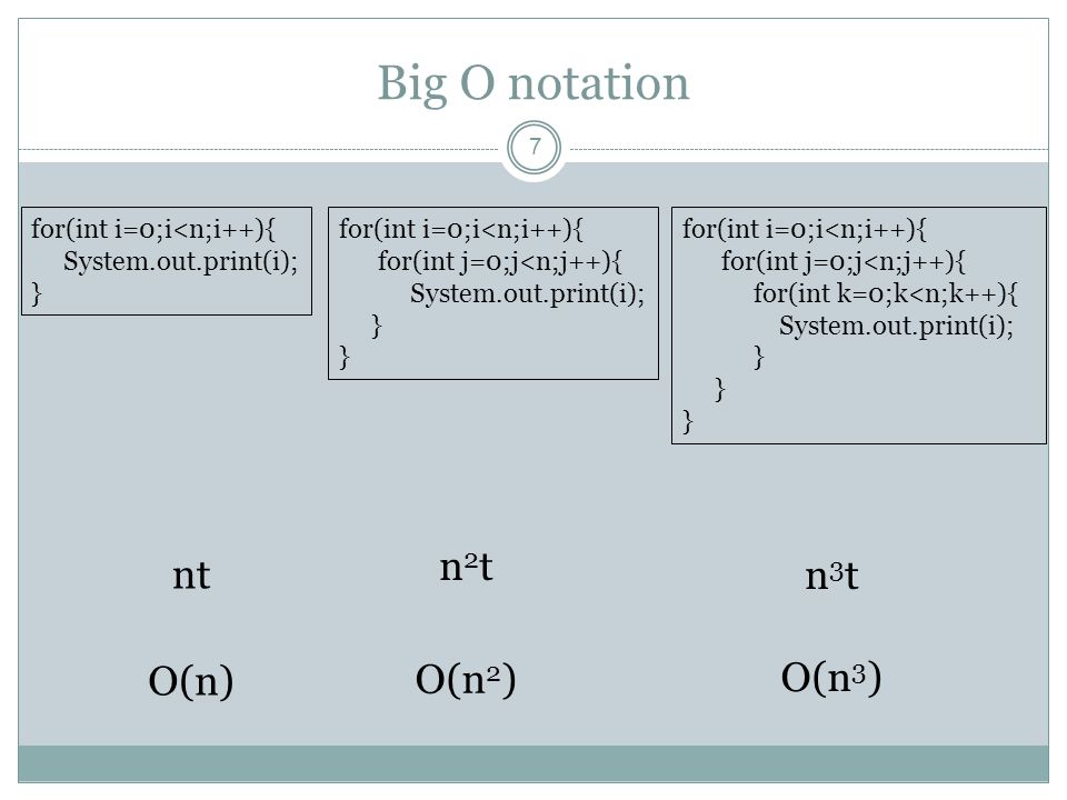 Big O notation 7 for(int i=0;i<n;i++){ System.out.print(i); } nt for(int i=0;i<n;i++){ for(int j=0;j<n;j++){ System.out.print(i); } n3tn3t for(int i=0;i<n;i++){ for(int j=0;j<n;j++){ for(int k=0;k<n;k++){ System.out.print(i); } n2tn2t O(n) O(n 2 ) O(n 3 )